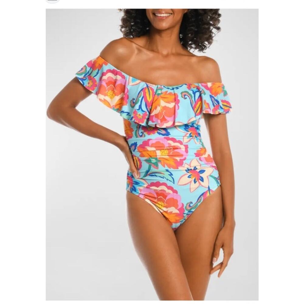 La Blanca Breezy Beauty Off Shoulder Swimsuit One Piece Ruffle Women Sz 6 NEW